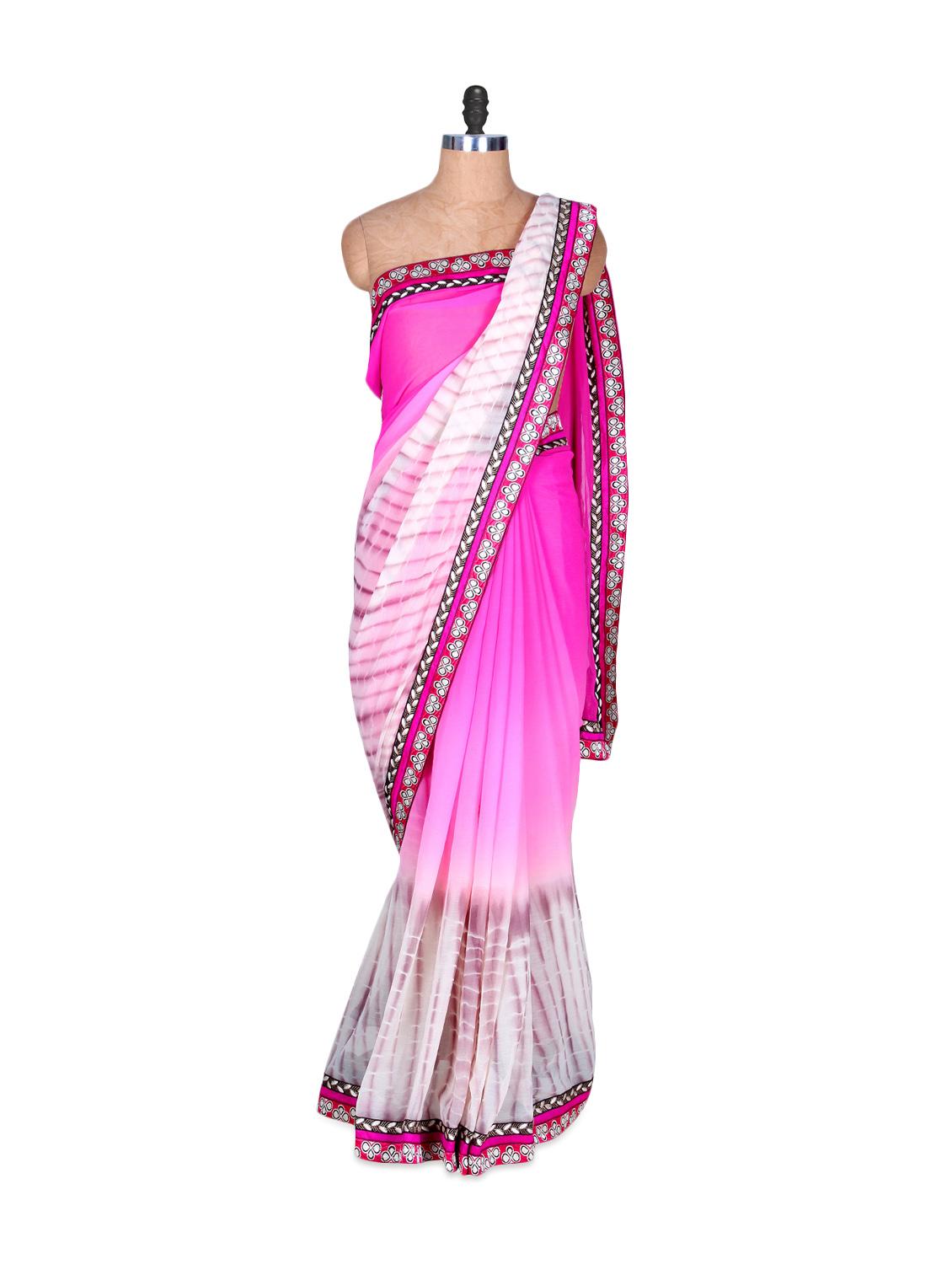 Pretty Pink And White Art Silk Saree, With Matching Blouse Piece - Saraswati