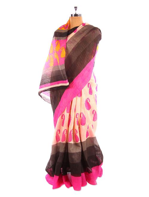 Paisley Printed Pink And Black Bhagalpuri Silk Saree With Blouse Piece - Riti Riwaz