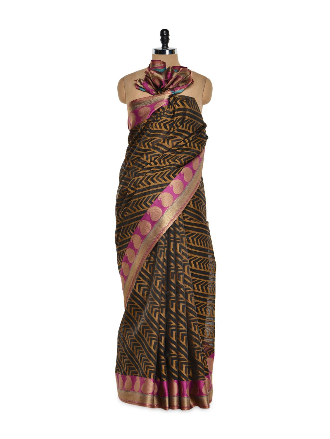 Black Cotton Silk Saree With Zari Work - Bunkar