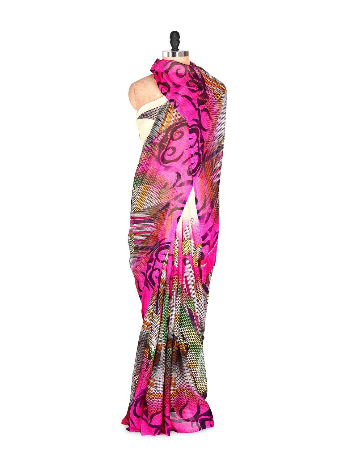 Pink Abstract Printed Art Silk Saree With Matching Blouse Piece - Saraswati