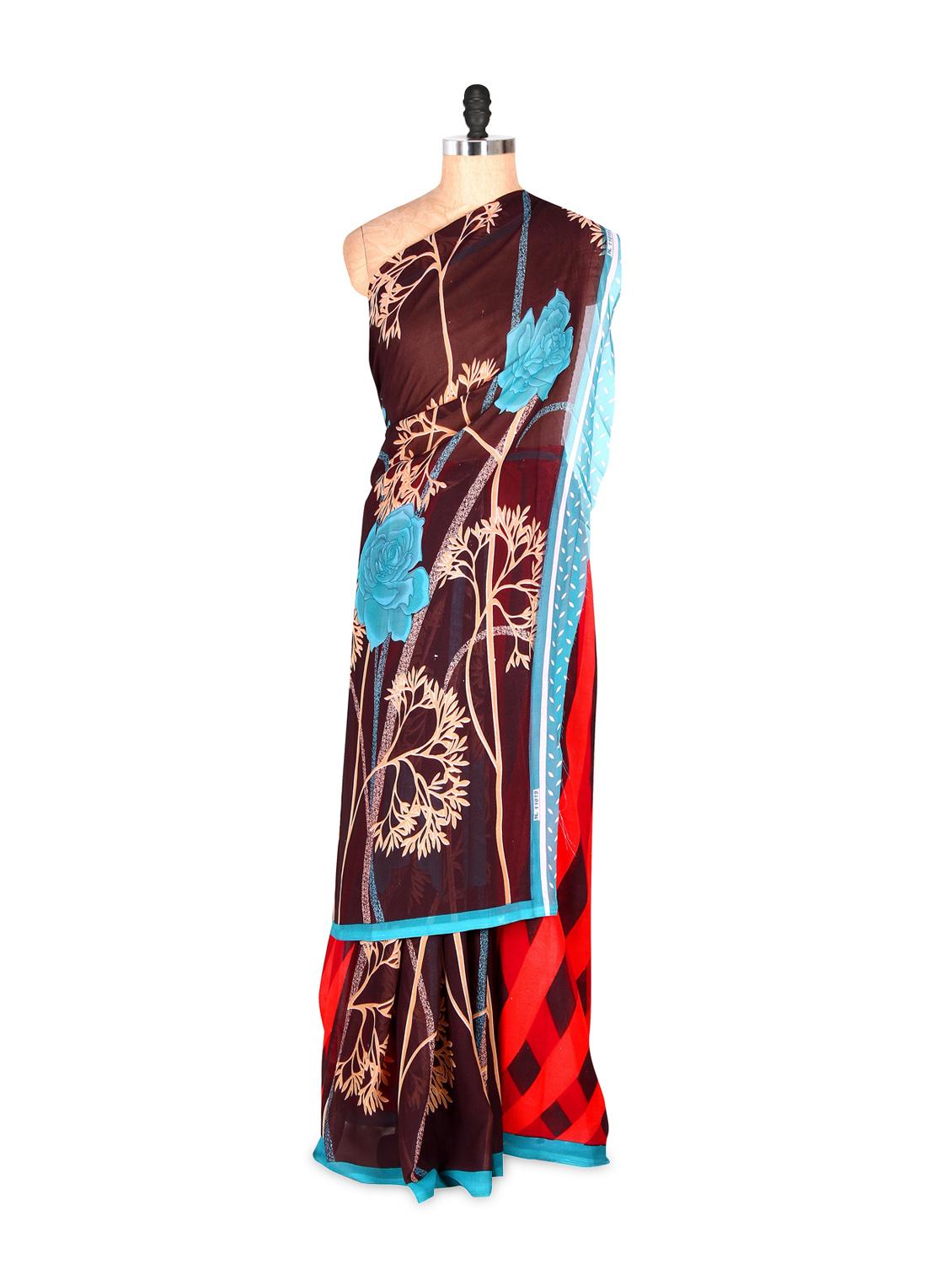 Gorgeous Brown And Red Printed Art Silk Saree With Matching Blouse Piece - Saraswati