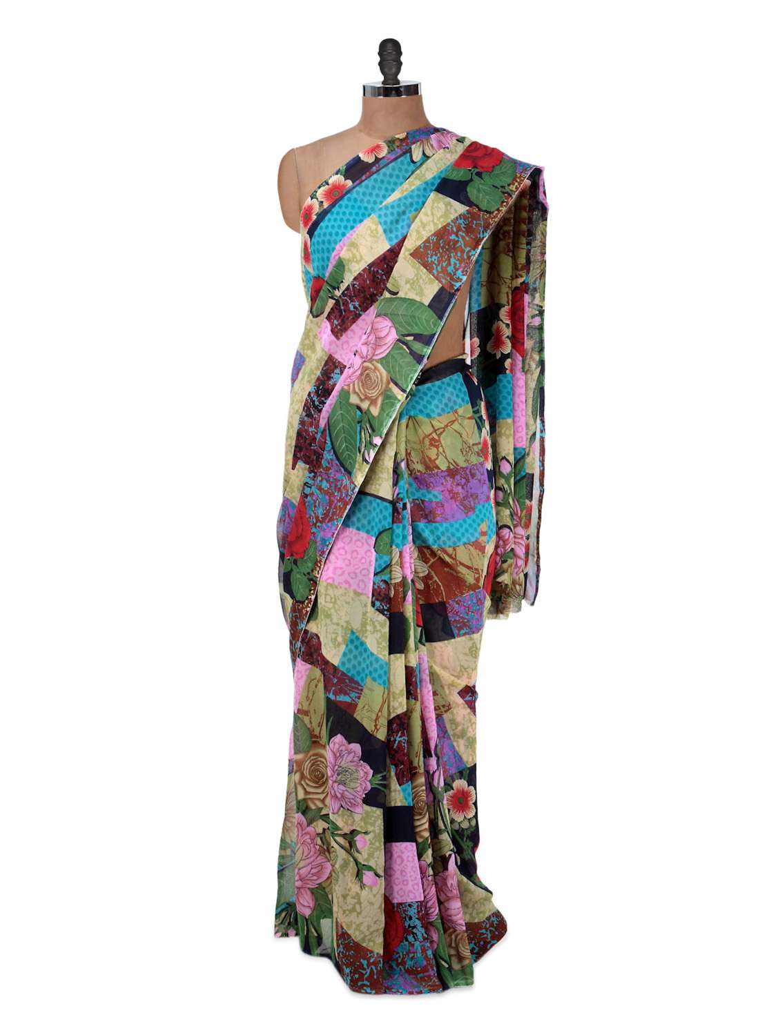 multi-coloured printed georgette saree