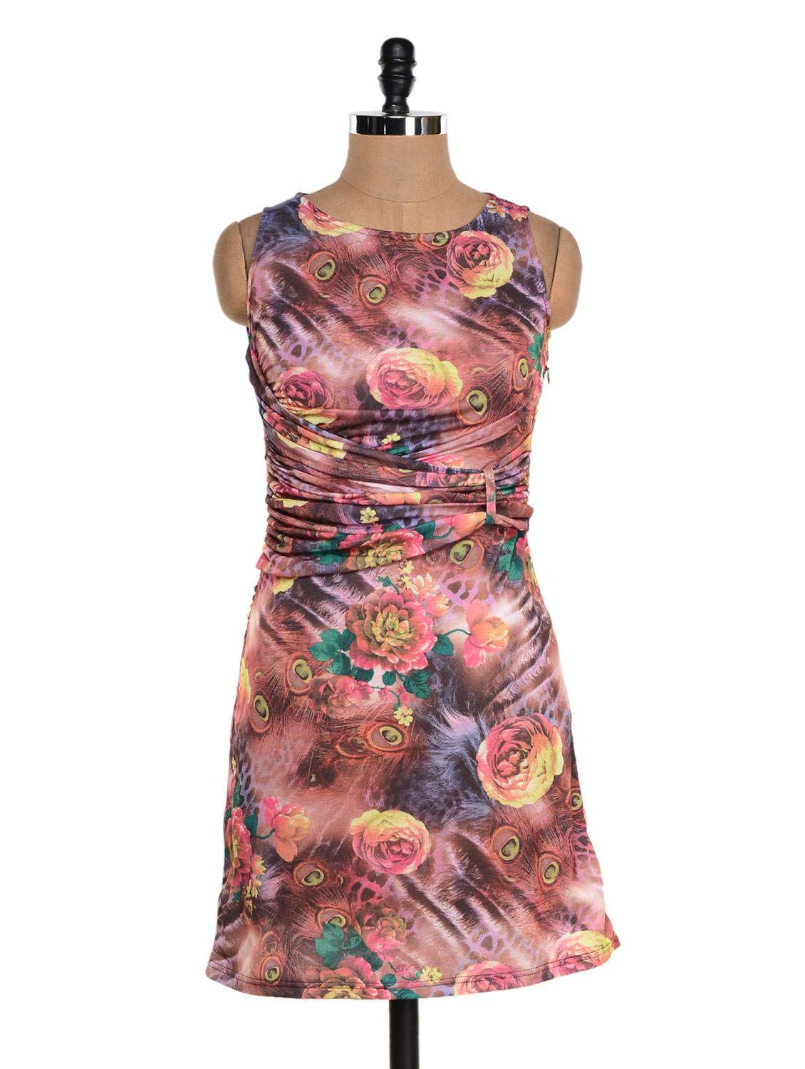 multicoloured floral dress with gathering at waist