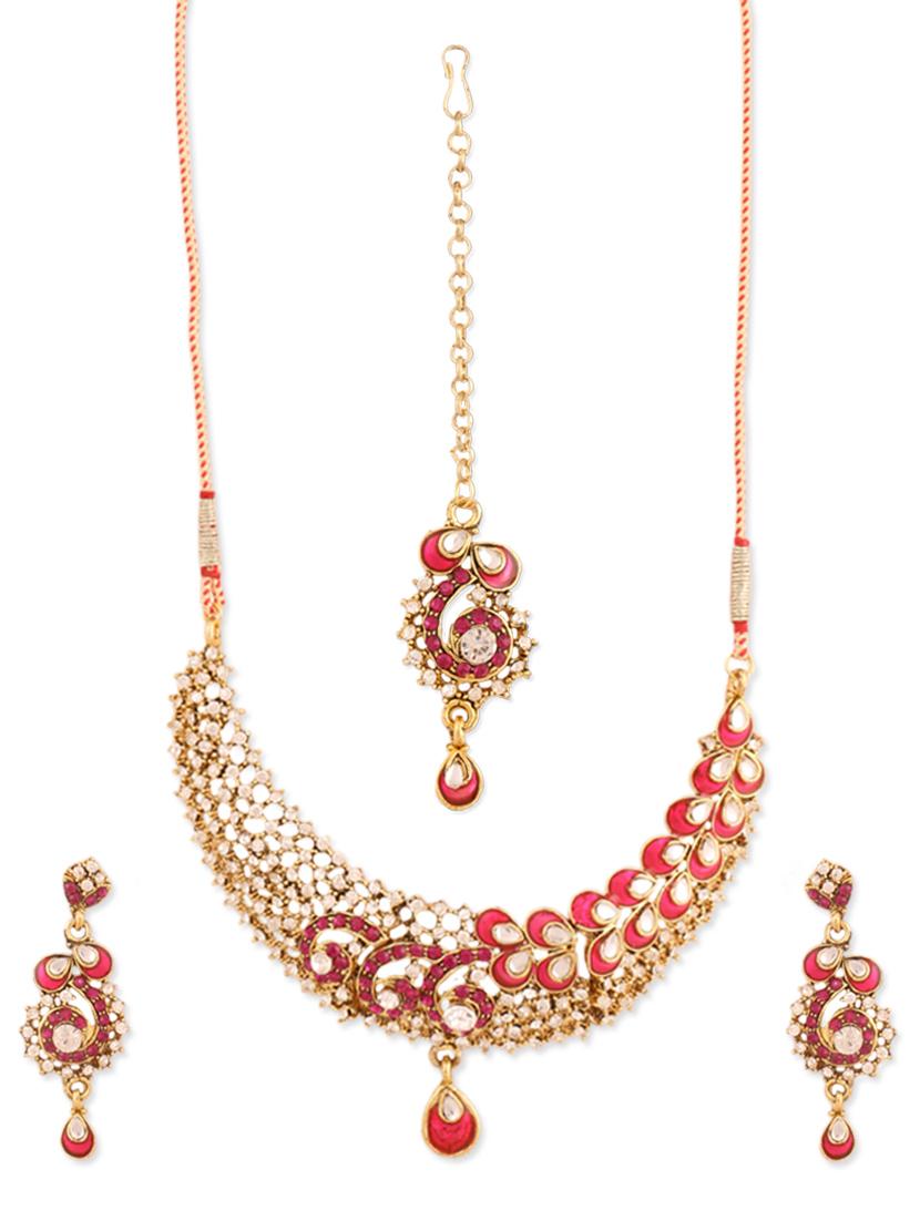 Pink And Gold Stone-studded Necklace, Earrings And Maangtika Set - Vendee Fashion
