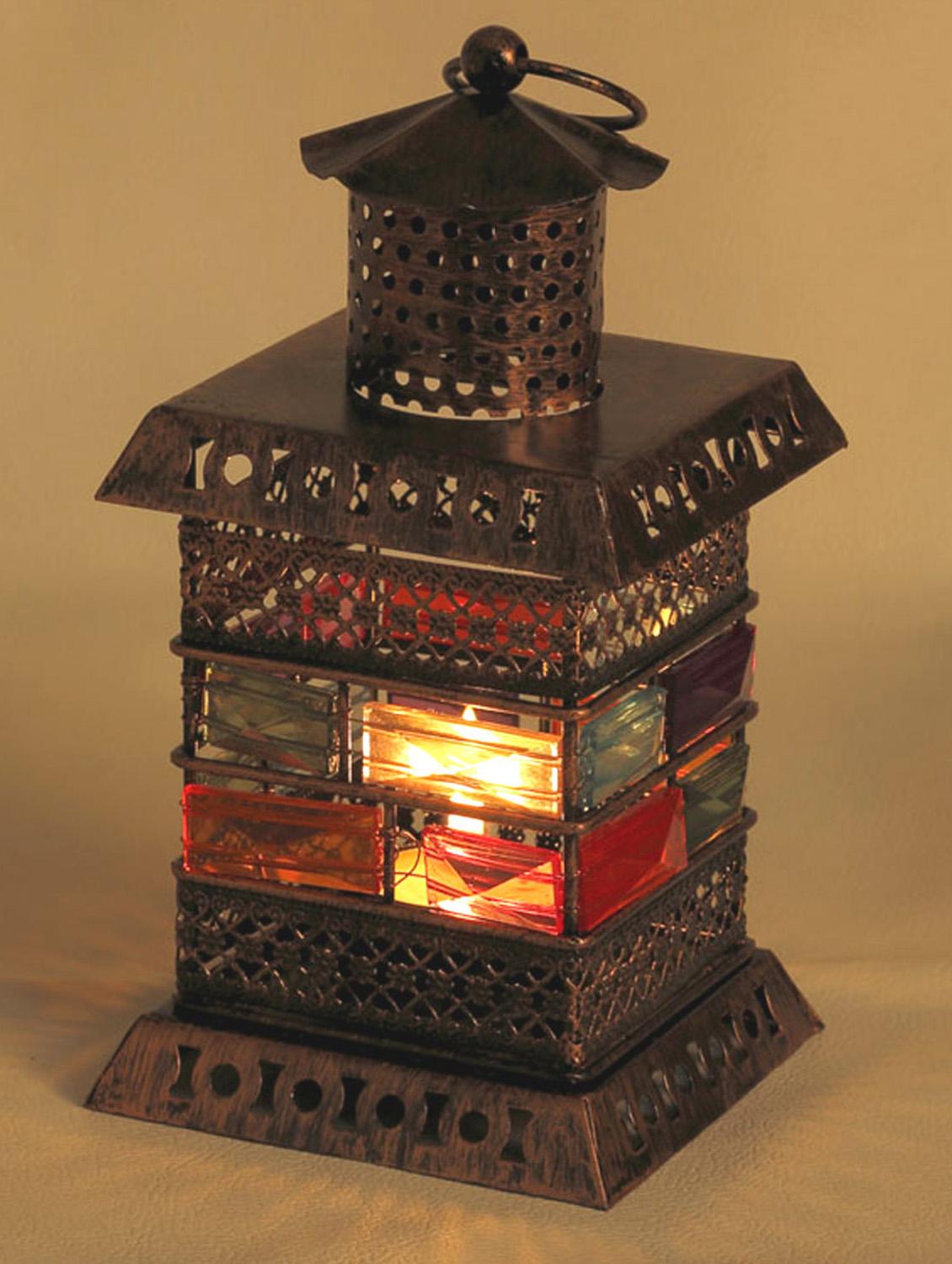 Colored Glass And Gun Metal Tea Light Holder With Copper Finish - Aapno Rajasthan