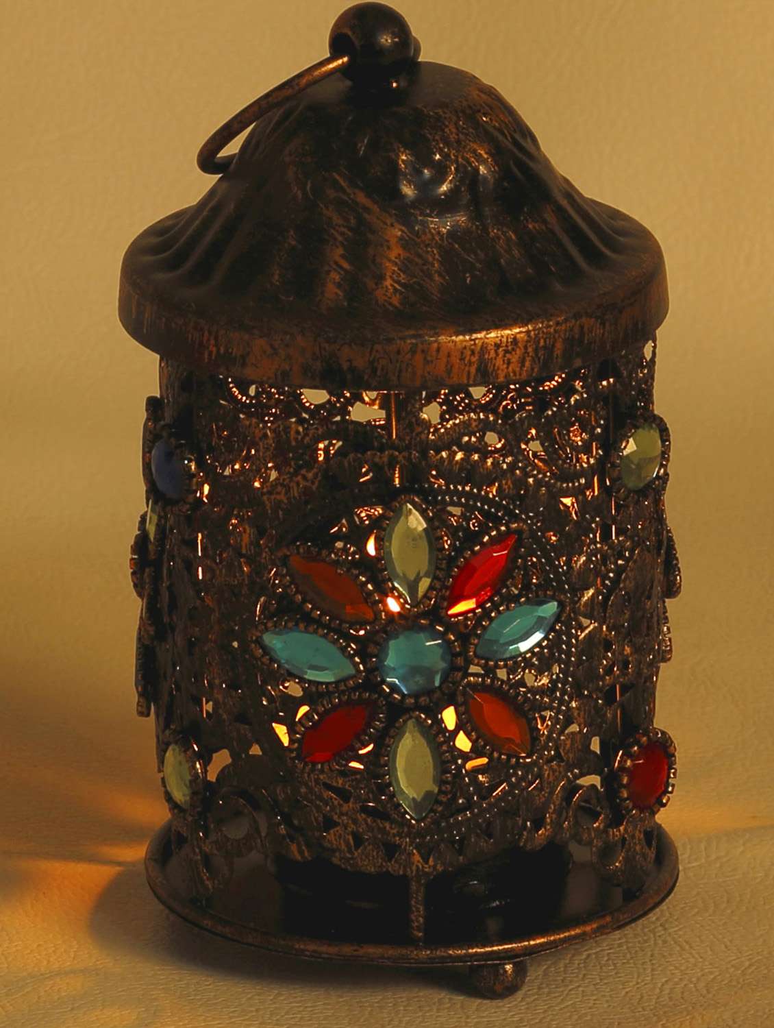 colored glass and gun metal tea light candle holder