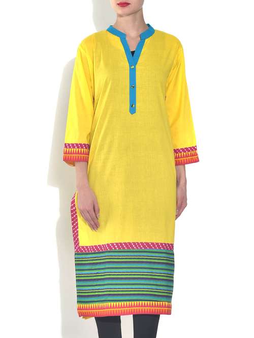 yellow cotton straight kurta - 9540156 - Standard Image - 0