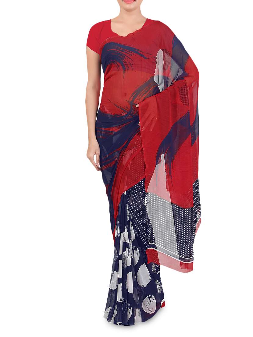 red faux georgette printed saree with blouse