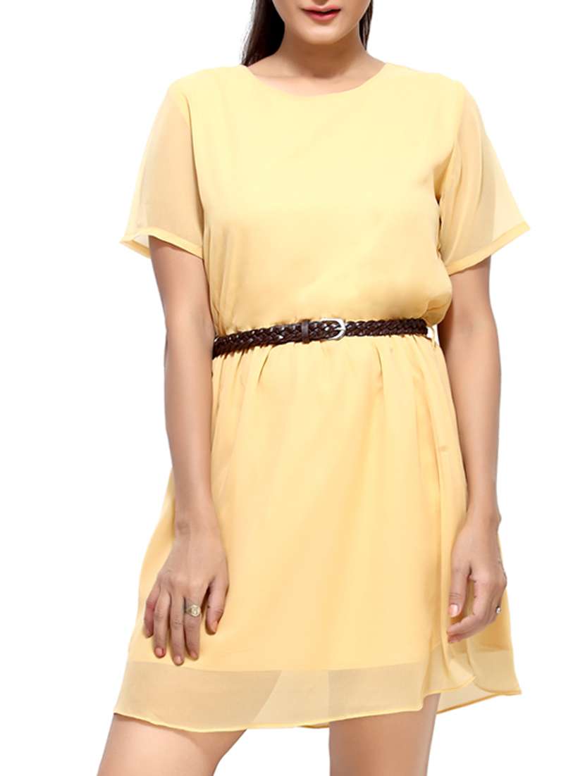 beige georgette  short sleeves belted dress