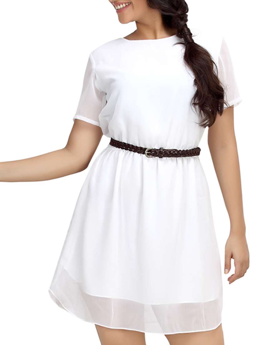 white georgette  short sleeves belted dress