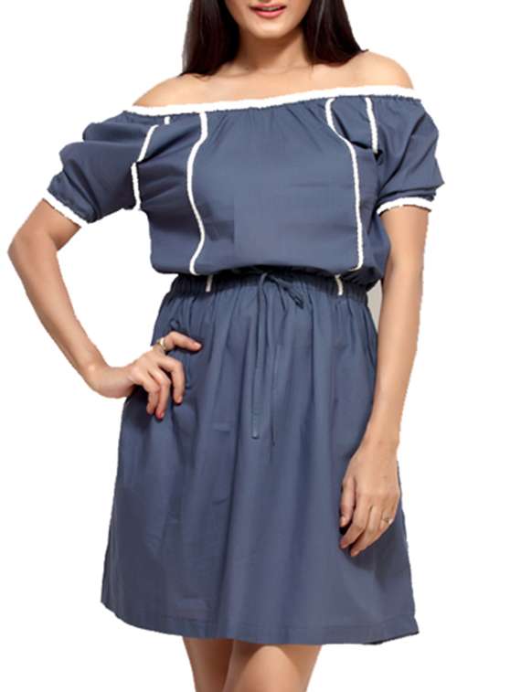 blue cotton  short sleeves blouson dress