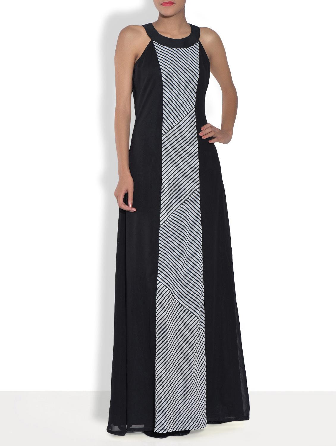 Black Printed Poly Georgette Maxi Dress - By