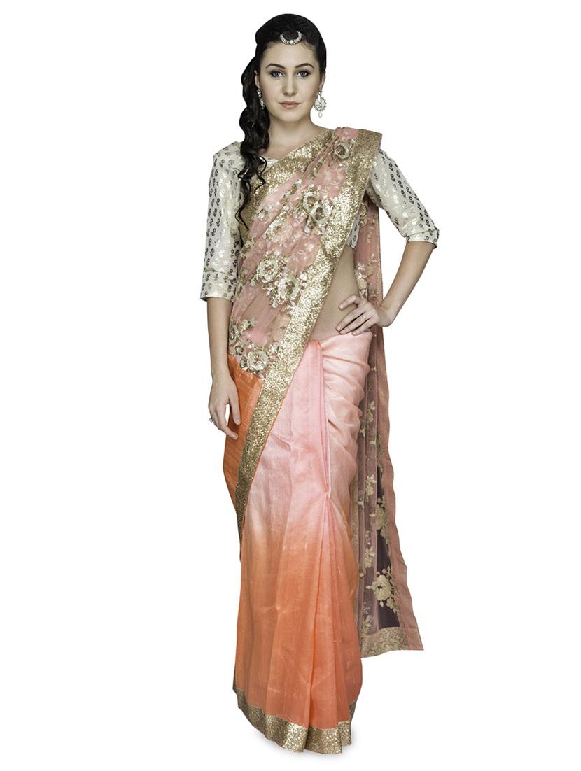 Pink And Orange Sequined Silk Saree - By