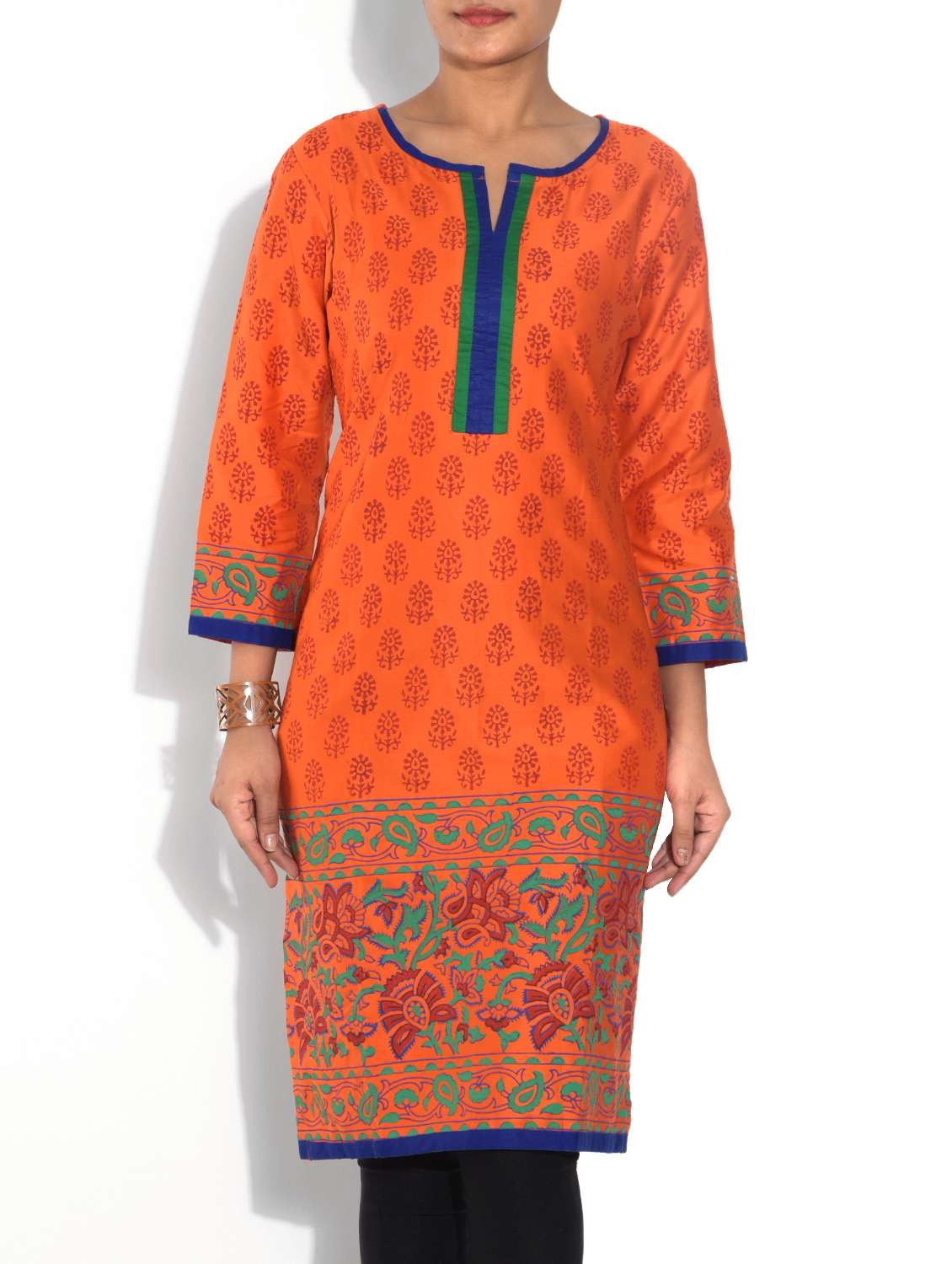 orange floral printed poly cotton kurta