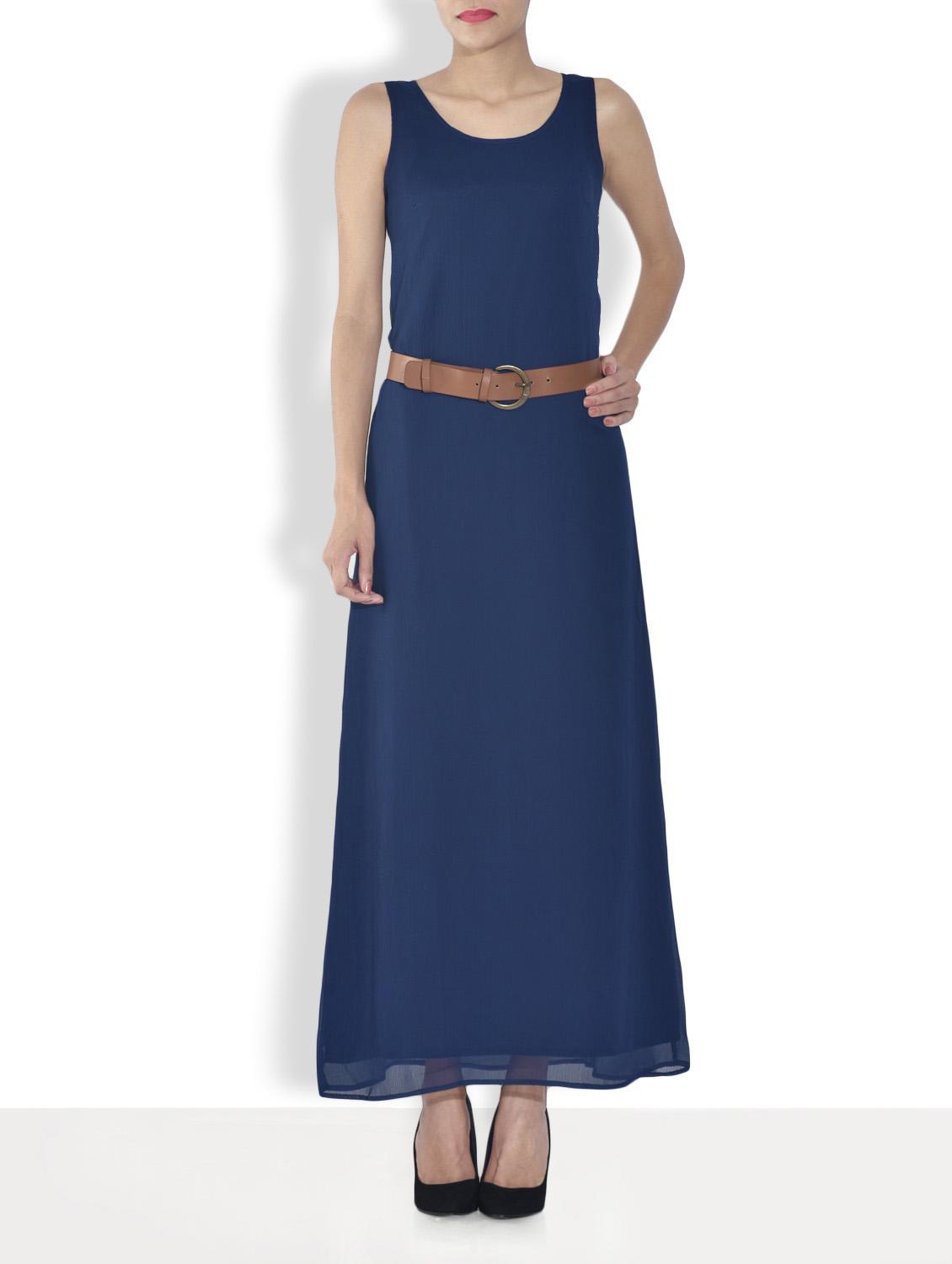 Navy Blue Polyester Sleeveless Maxi Dress - By