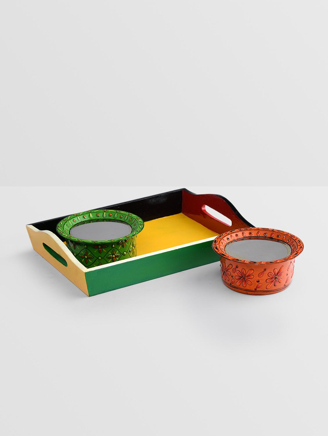 multicolored stainless steel bowl and tray set