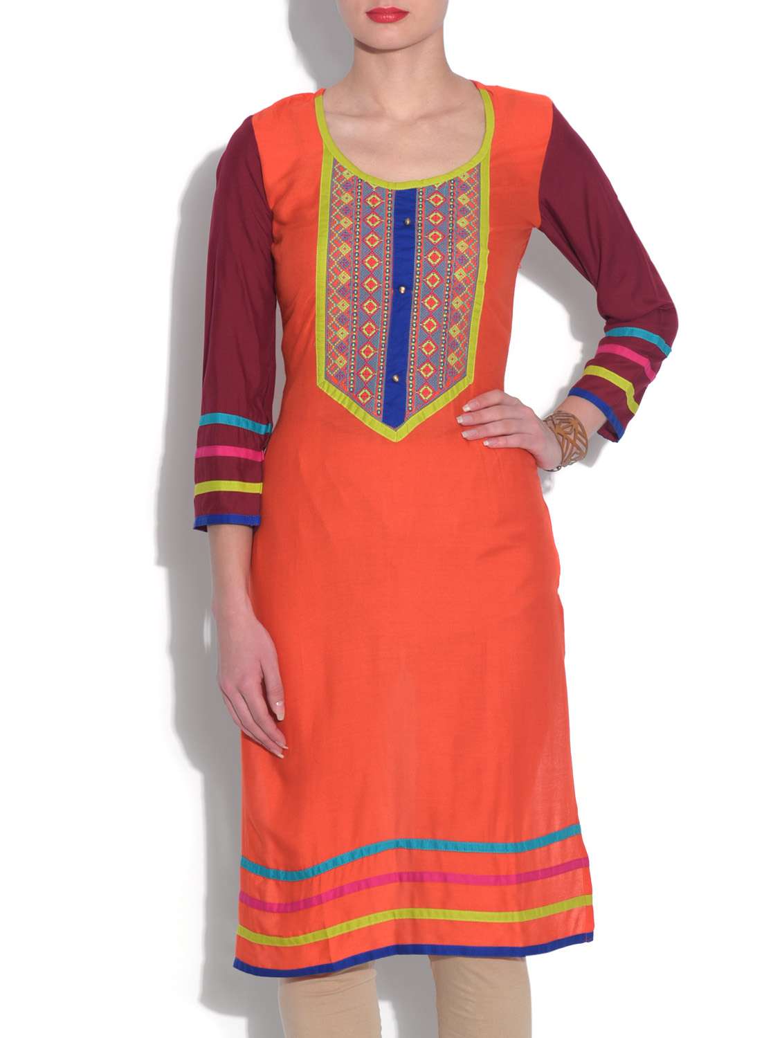 orange  cotton straight kurta