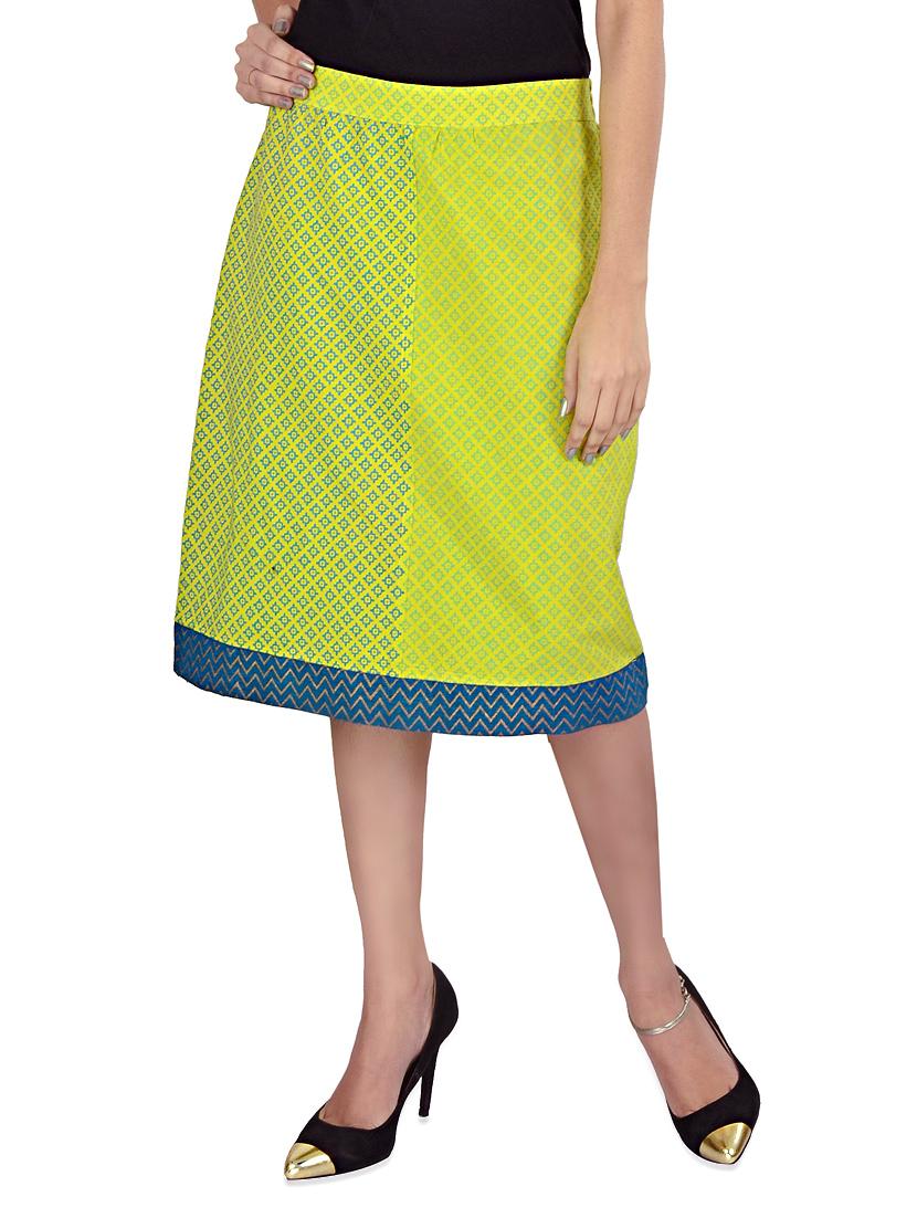 Lime Green Printed Knee Length Skirt - 9rasa