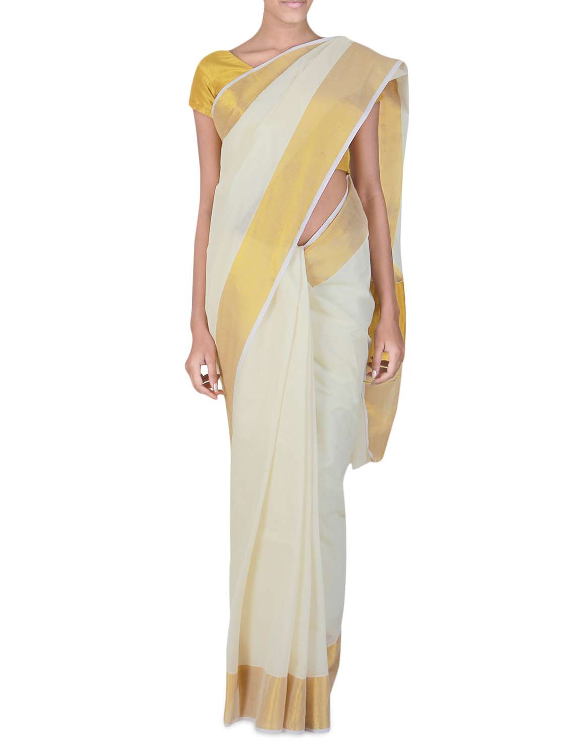 white cotton  kasavu saree with blouse