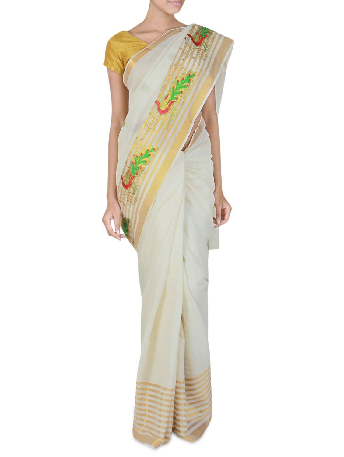  white cotton brocade kasavu saree with blouse