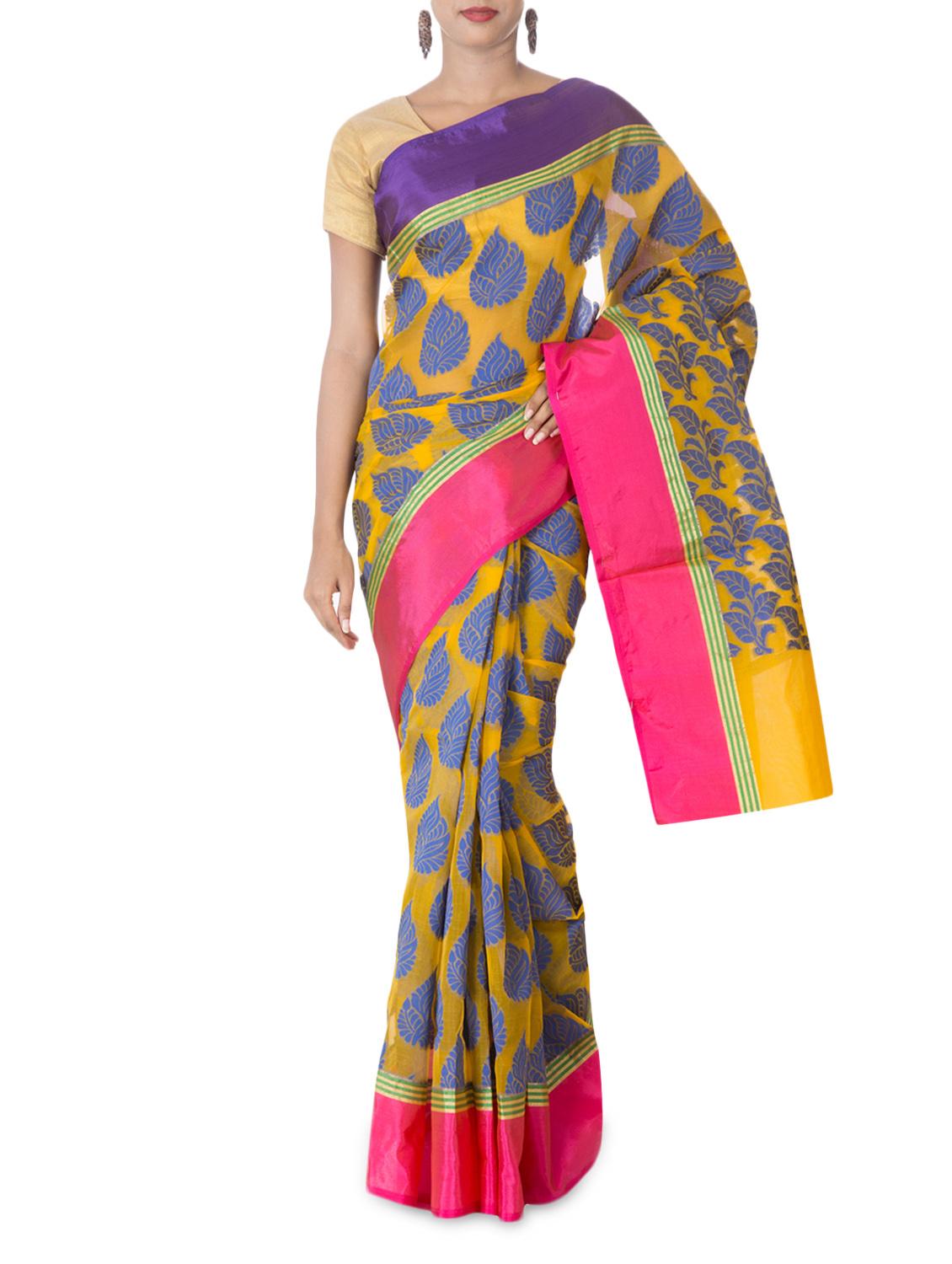 Yellow Leaf Booti Art Silk And Zari Saree - By