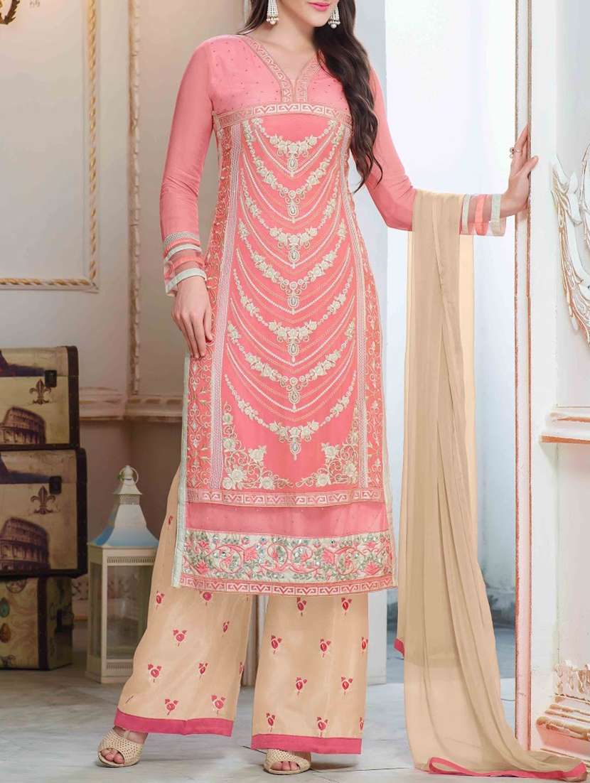 Buy online Pink Embroidered Semi Stitched Long Suit Set from Suits