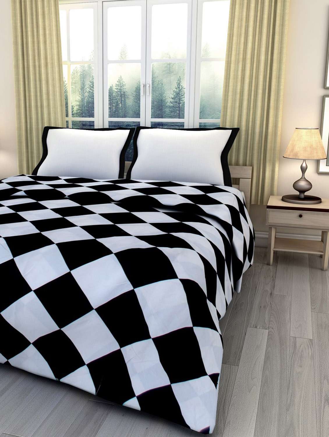 ecraftindia black and white square checks printed single bed reversible ac blanket