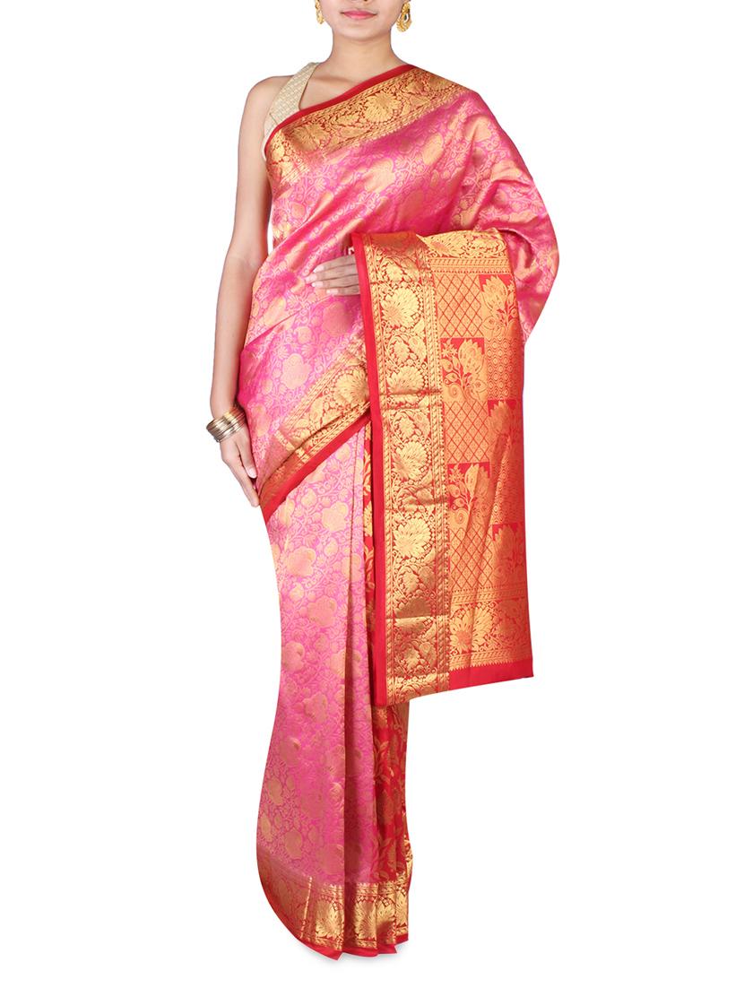 Pink And Red Brocade Silk Saree - By