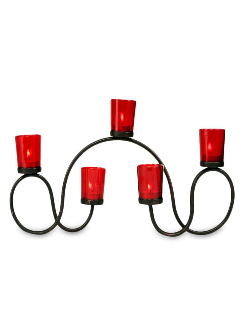 brown iron and glass tea light holders with red glass
