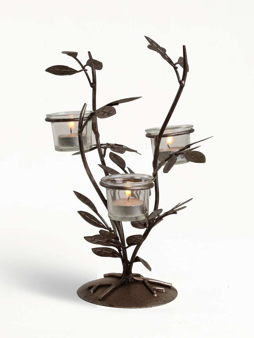 brown iron and glass tea light holder with clear glass