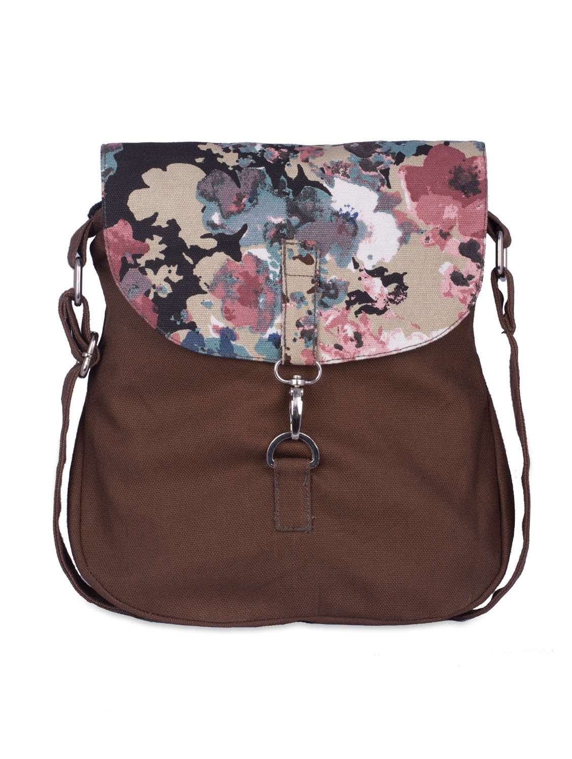 brown floral printed canvas sling bag