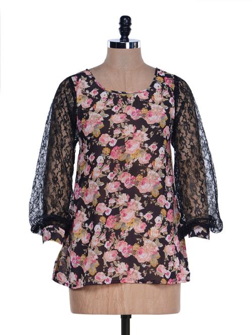 Black Floral Print Top - M Expose