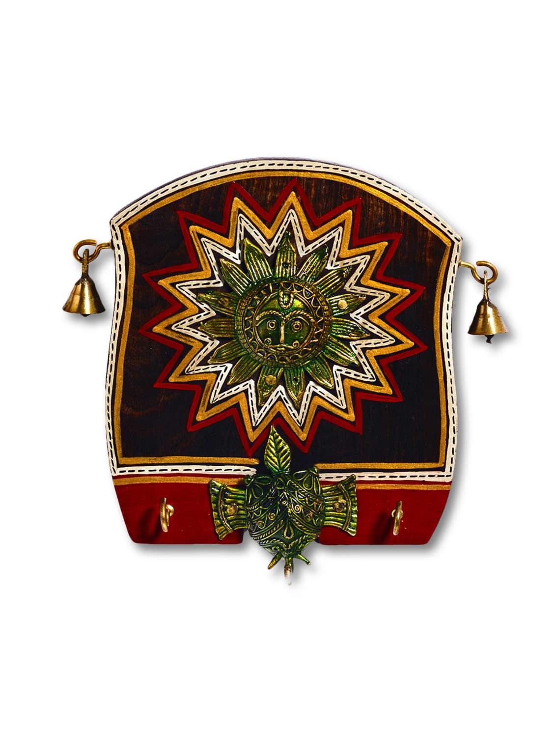 brown printed wooden panel key holder with sun motif