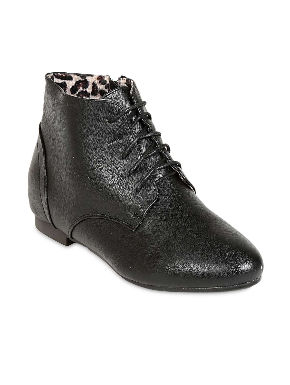 Buy online Black Leather Lace-up Flat Ankle Boots from footwear