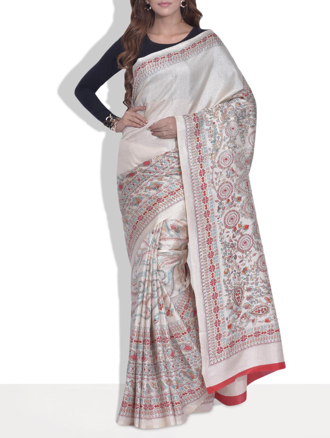 cream and red silk madhubani saree with blouse - 9613942 -  Zoom Image - 0
