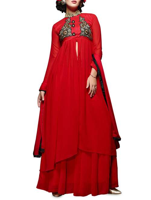 red georgette embroidered unstitched suit set - 9618425 - Standard Image - 0