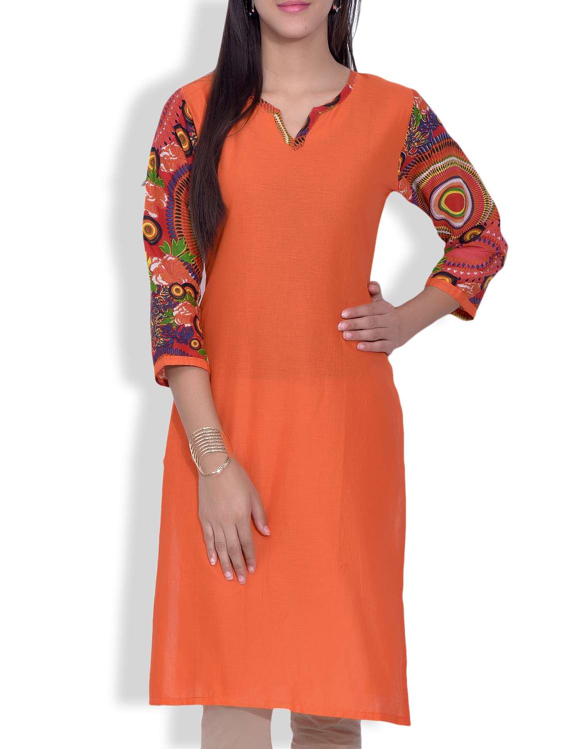 orange cotton straight kurta - 9620809 - Zoom Image - 0