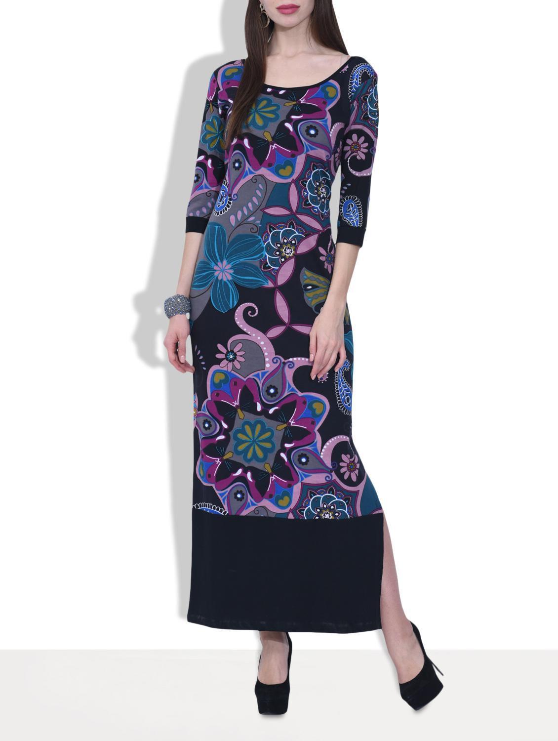 Black Knitted Cotton Printed Maxi Dress - By