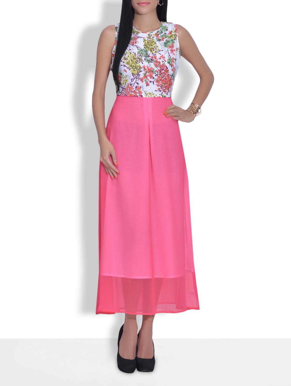 Fuchsia Pink Floral Printed Sleeveless Maxi Dress - By