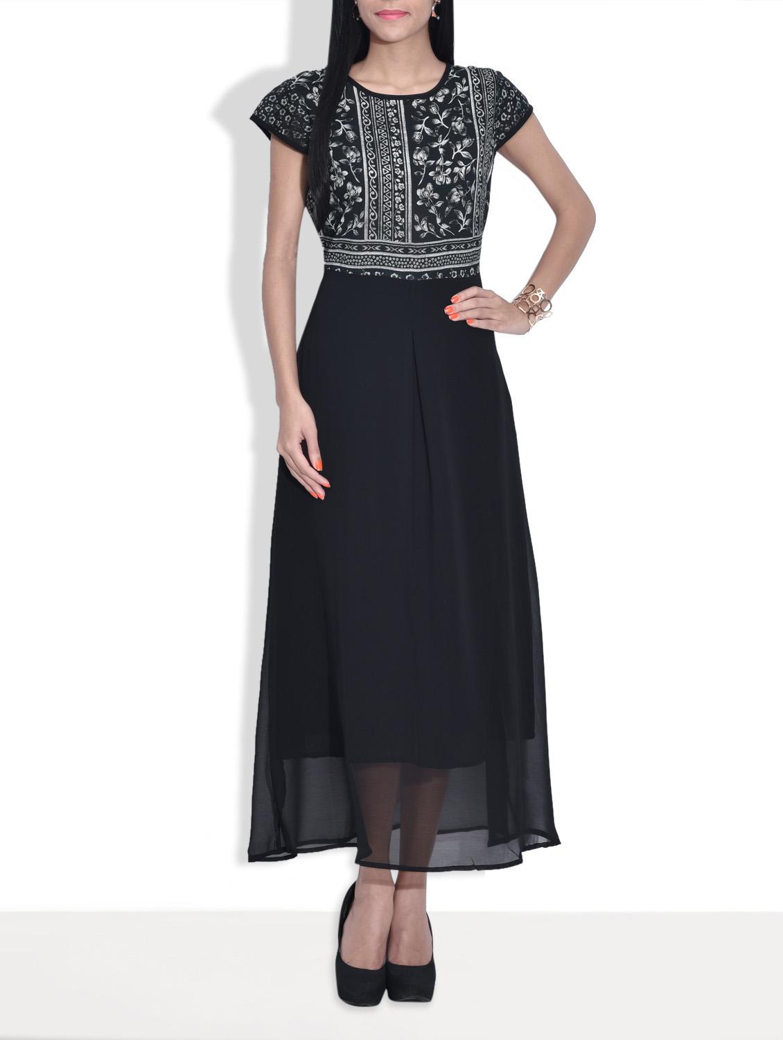 Black Printed Cap Sleeved Maxi Dress - By