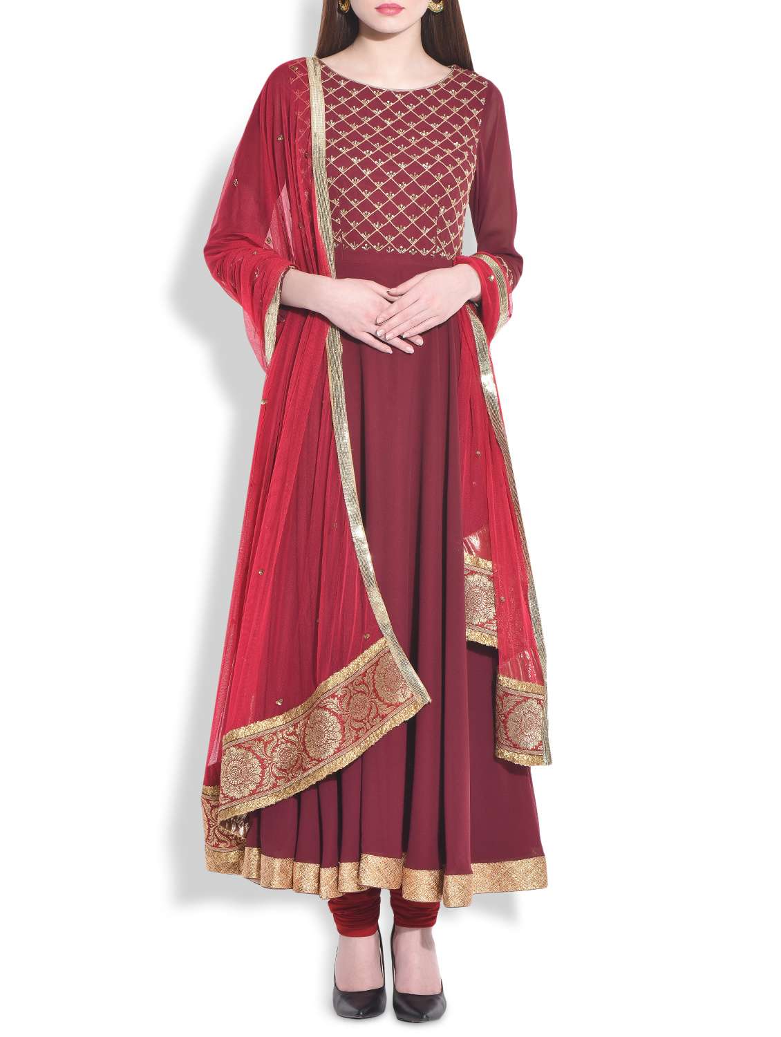maroon marsala embroidered floor length georgette anarkali suit set