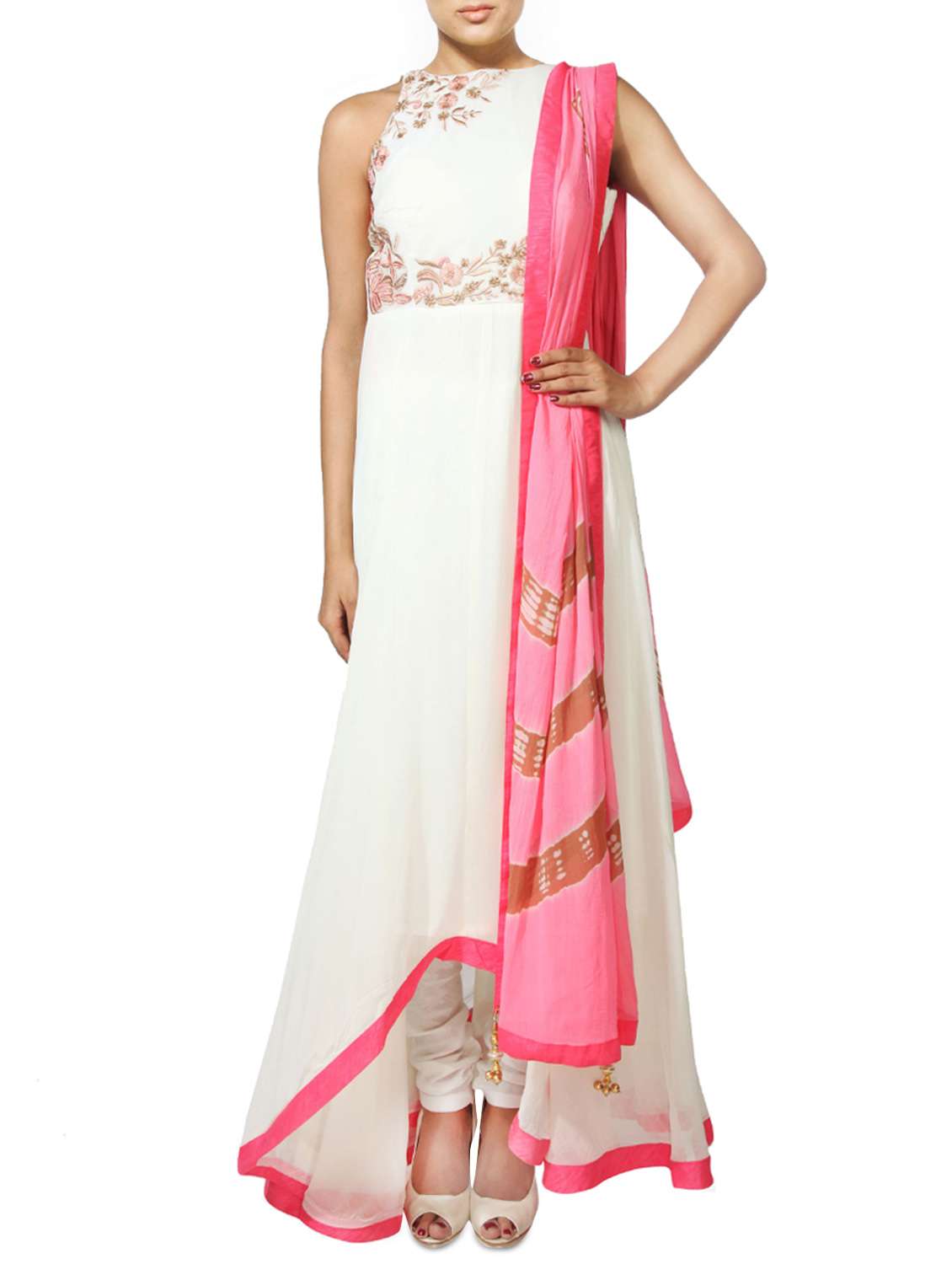 Buy online White Floral Embroidered Flared Suit Set from