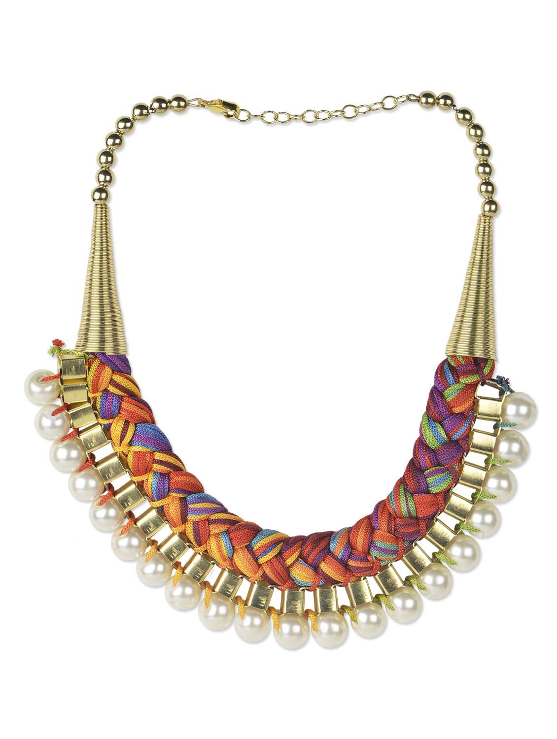 multicolored braided necklace with faux pearl embellishments