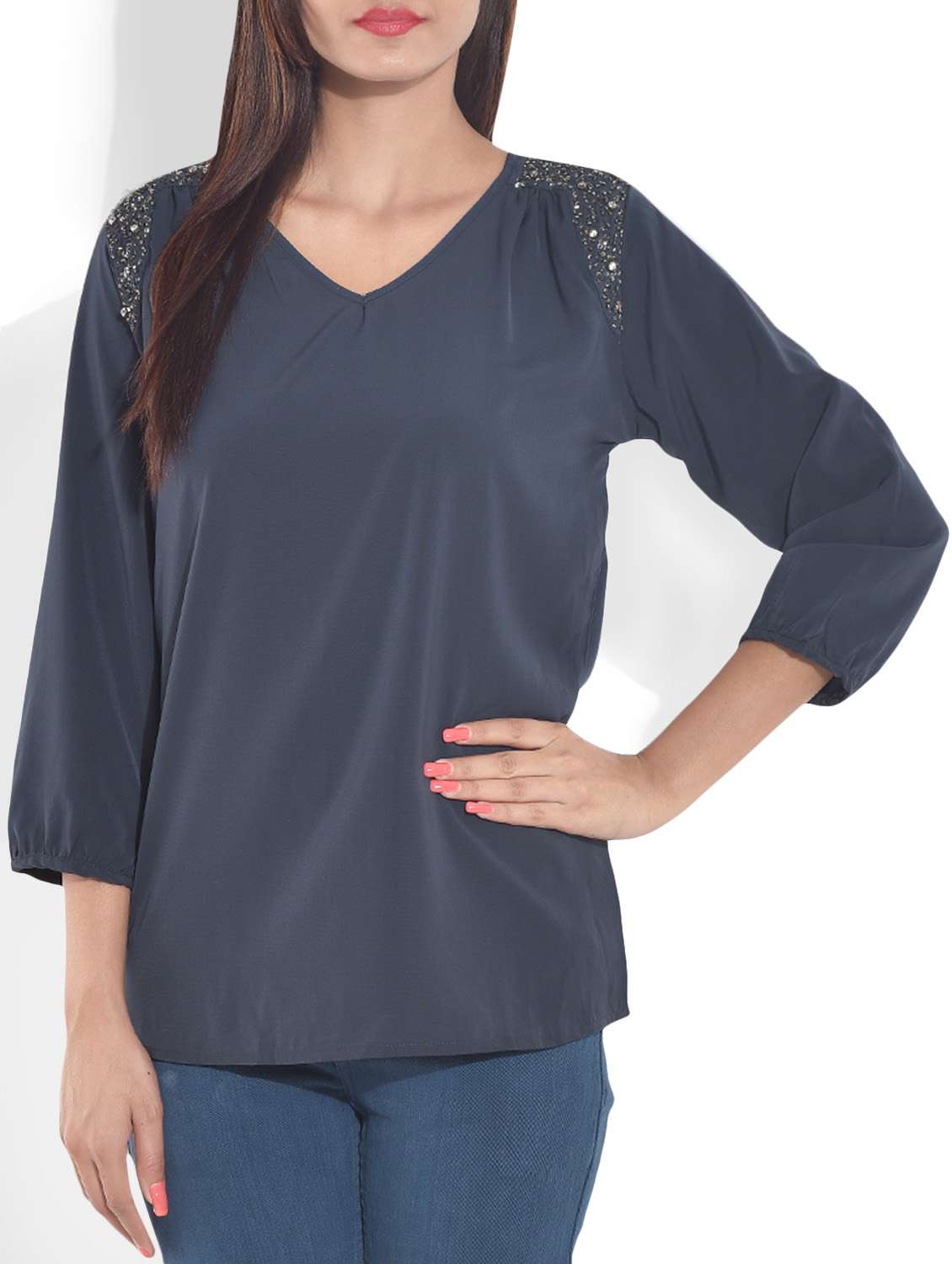 navy blue quarter sleeved top