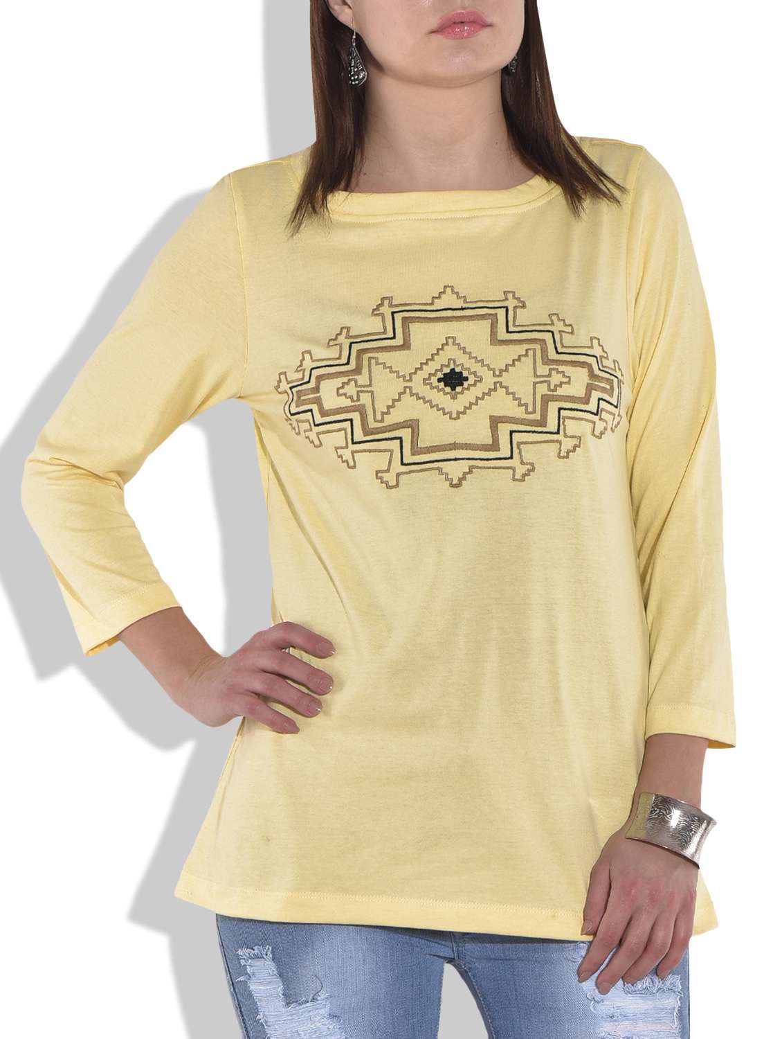 pale yellow embroidered cotton knit top