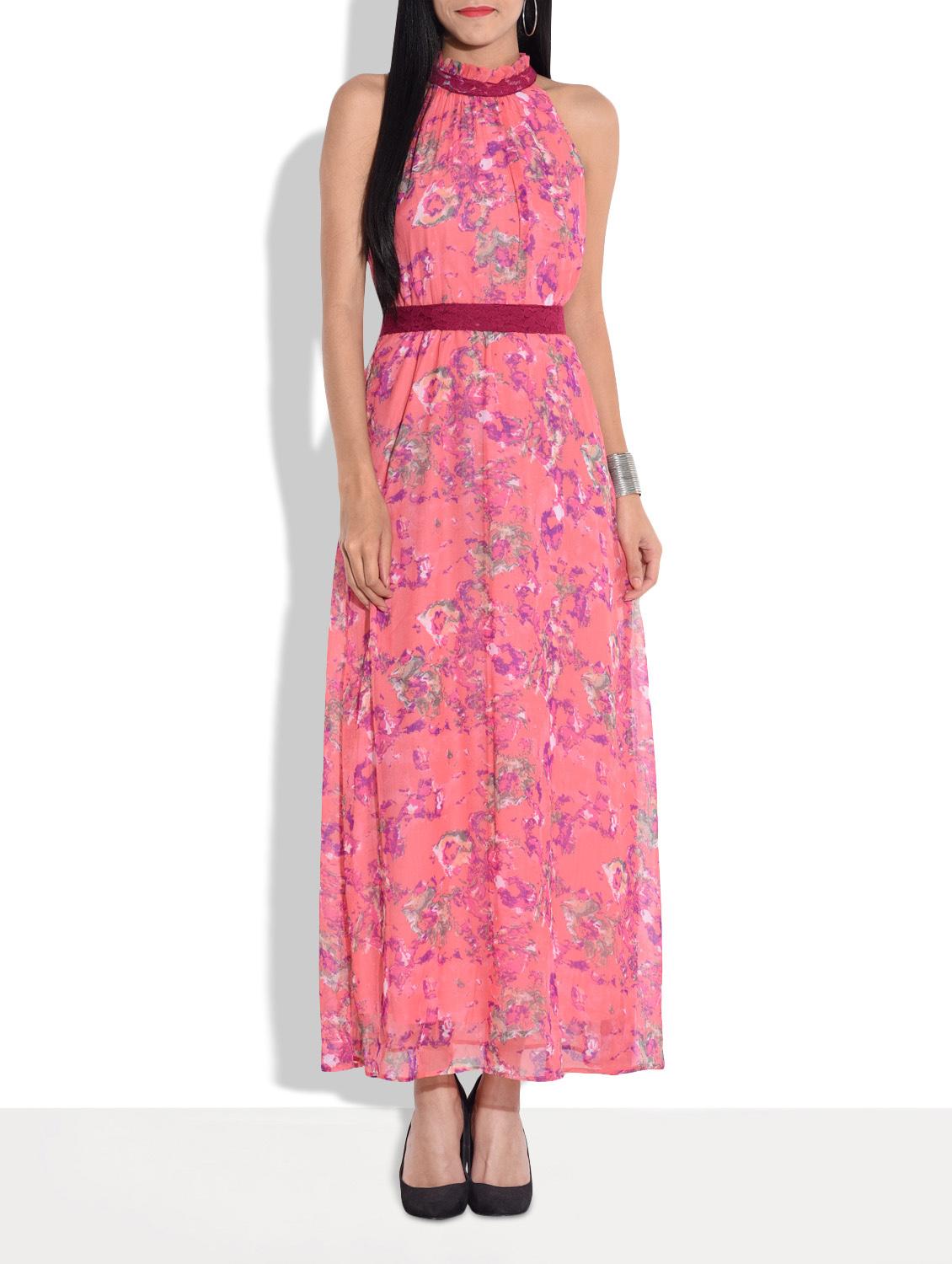 Pink Floral Print Halter-neck Maxi Dress - By