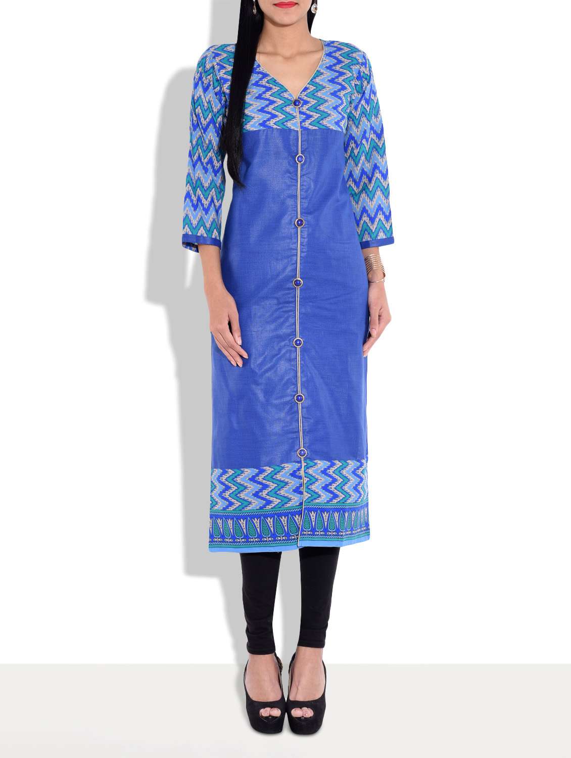 blue chevron printed cotton kurta