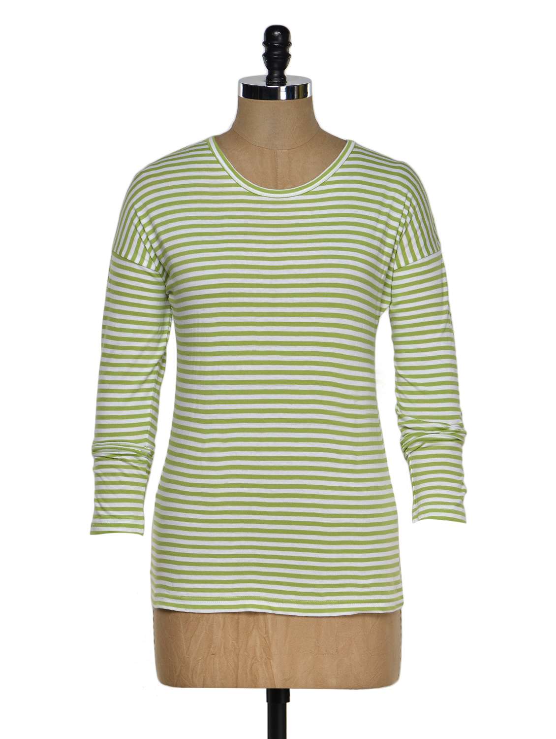 green and white color stripped round neck t-shirt