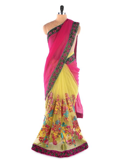 Pink ,Lime Chiffon Print & Embroidery Saree - Suchi Fashion