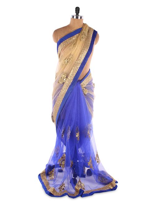 Priyanka Chopra Beige & Blue Net Heavy Embroidery Designer Bollywood Replica Saree - Suchi Fashion